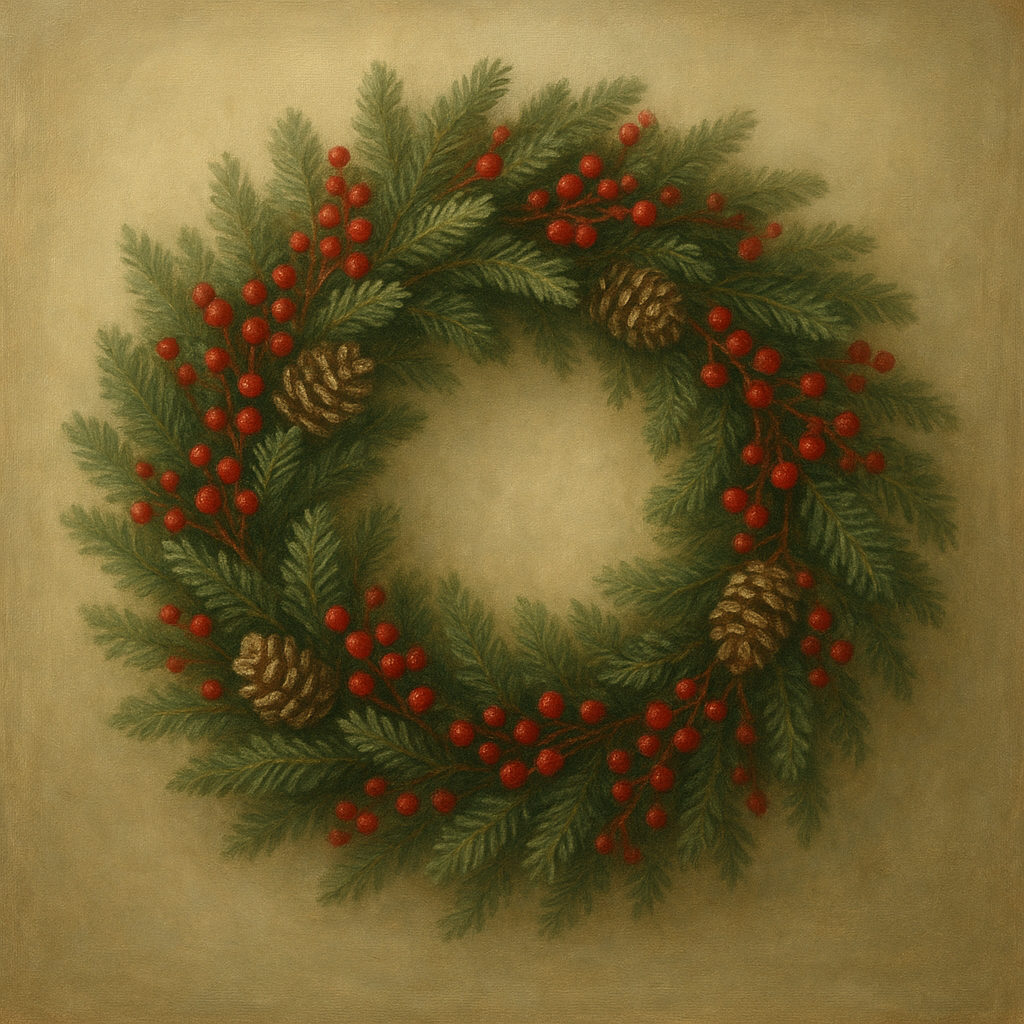 Vintage Holiday Botanical Wreath & Berries No. 10 Oil Painting - View 1