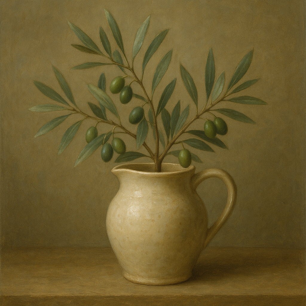 Wild Olive Sprigs in Stoneware Pitcher No. 7 Oil Painting - View 1