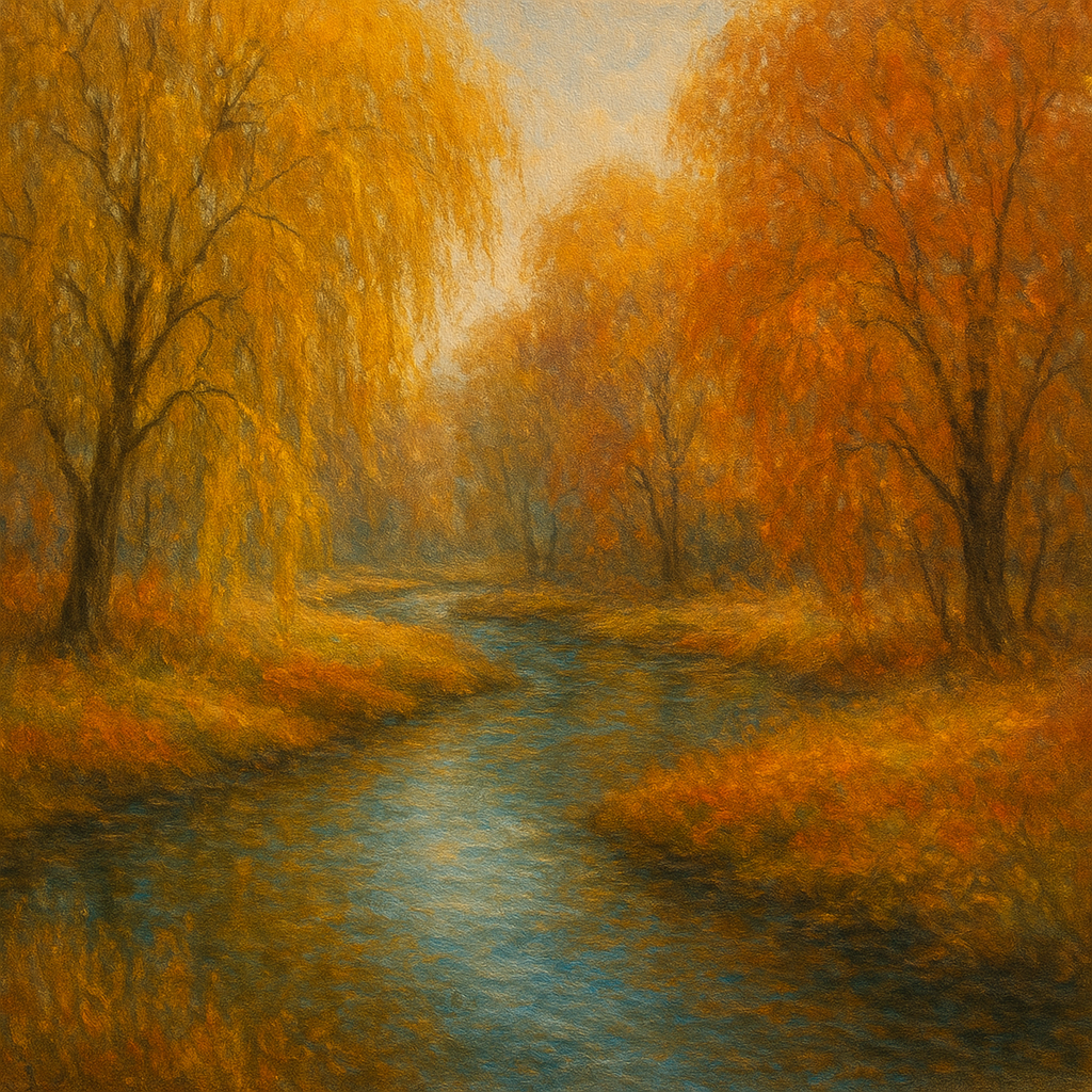 Tranquil River through Autumn Willow Woods No. 3 Fine Art Oil Painting - View 1