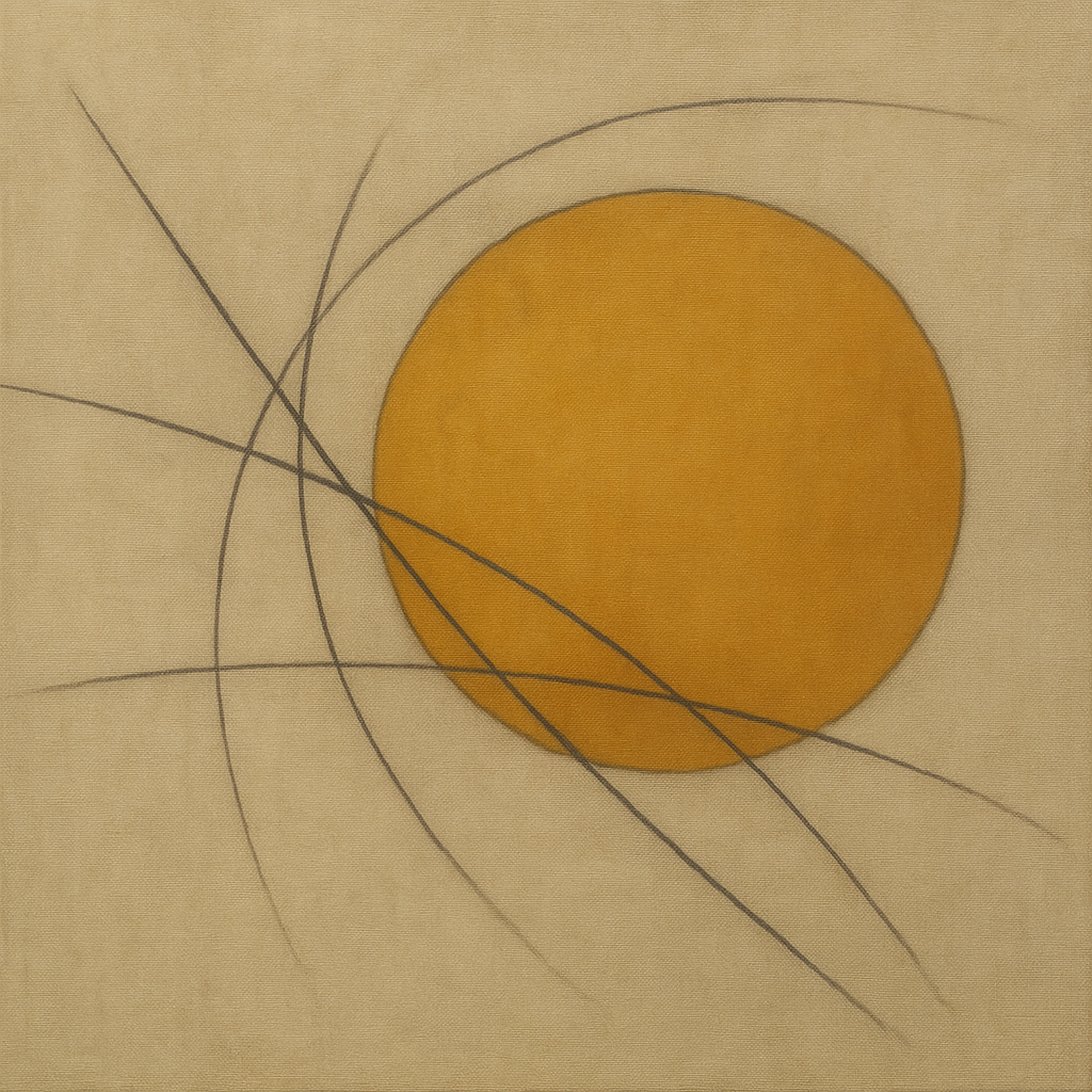 Abstract Tangent Lines & Earthy Ochre Disc No. 5 Oil Painting - View 1
