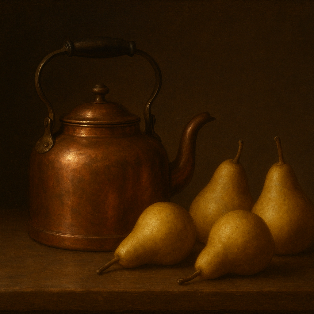 Antique Copper Kettle & Orchard Pears No. 4 Oil Painting - View 1