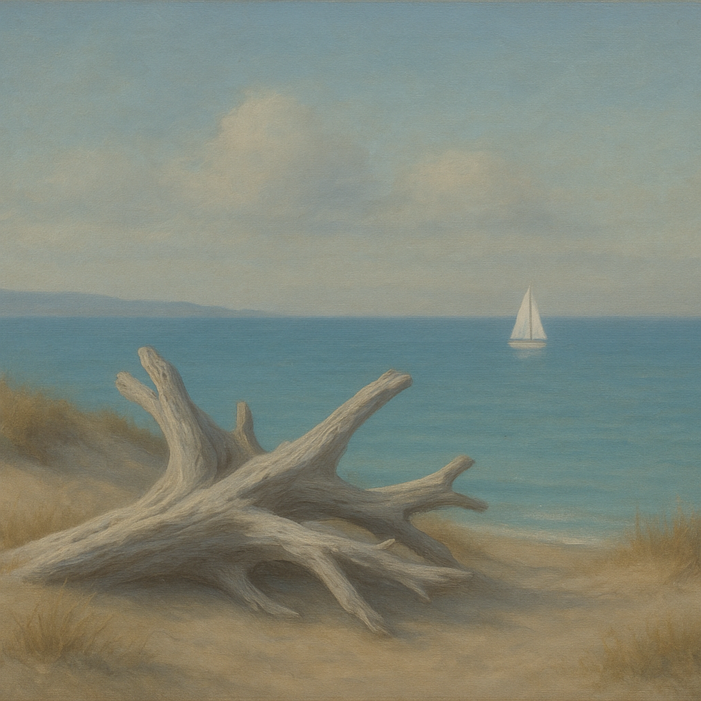 Sun-Bleached Driftwood & Distant Sailboat No. 5 Oil Painting - View 1