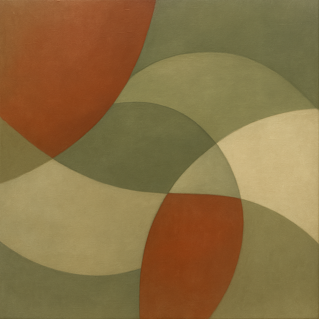 Intersecting Curved Forms in Olive & Rust Oil Painting - View 1