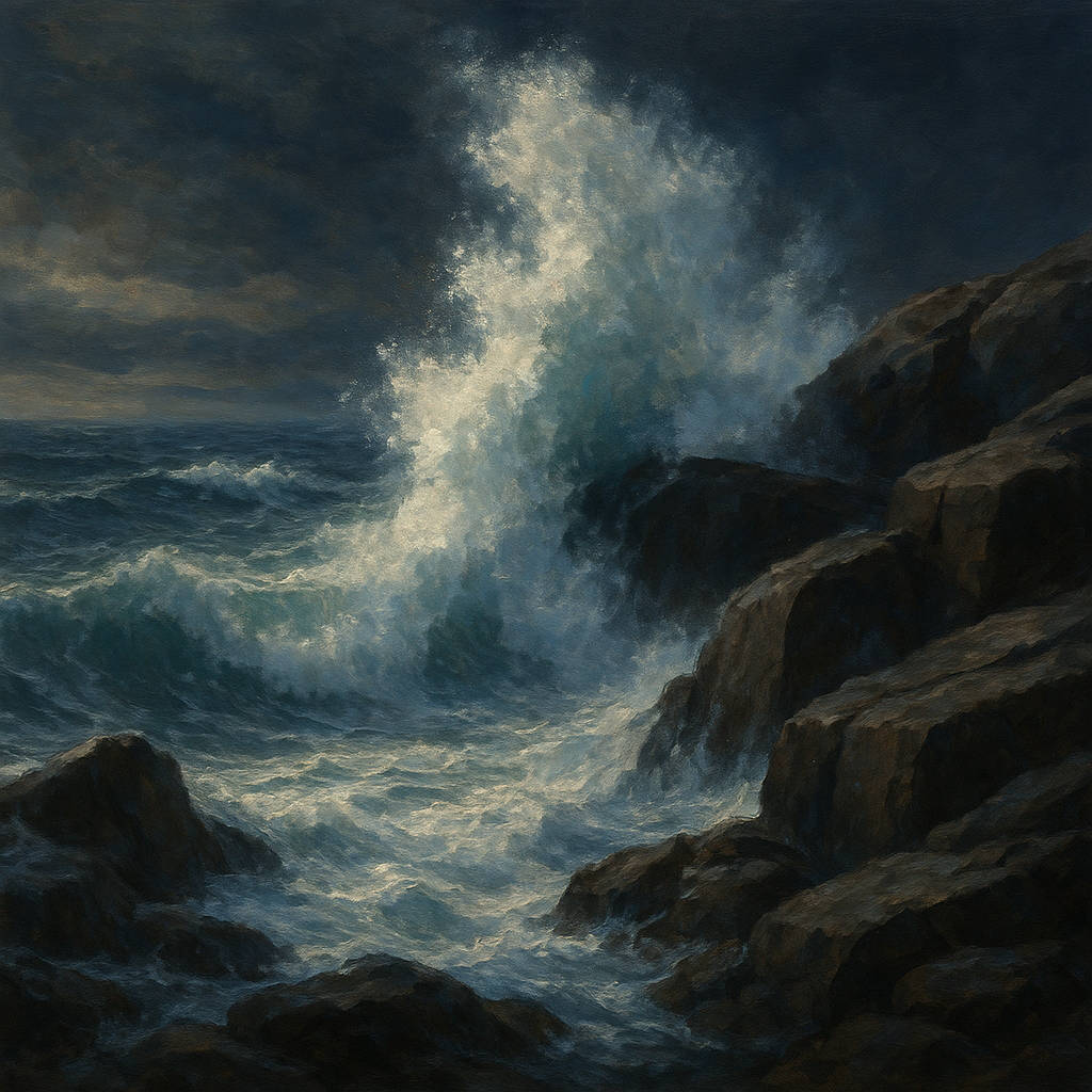 Dramatic Storm Waves on Crashing Granite Rocks Fine Art Oil Painting - View 1