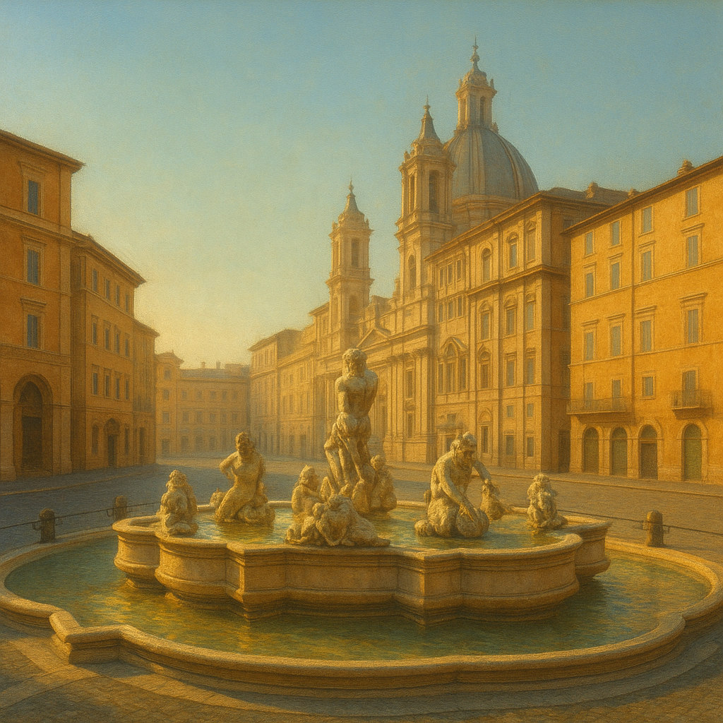 Rome Piazza Fountain in Morning Sunlight No. 3 Oil Painting - View 1