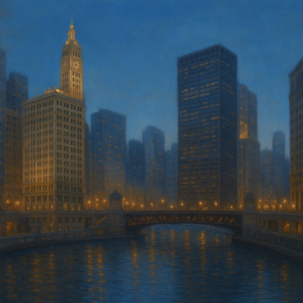 Chicago Riverfront Architecture at Blue Hour No. 30 Oil Painting - View 1