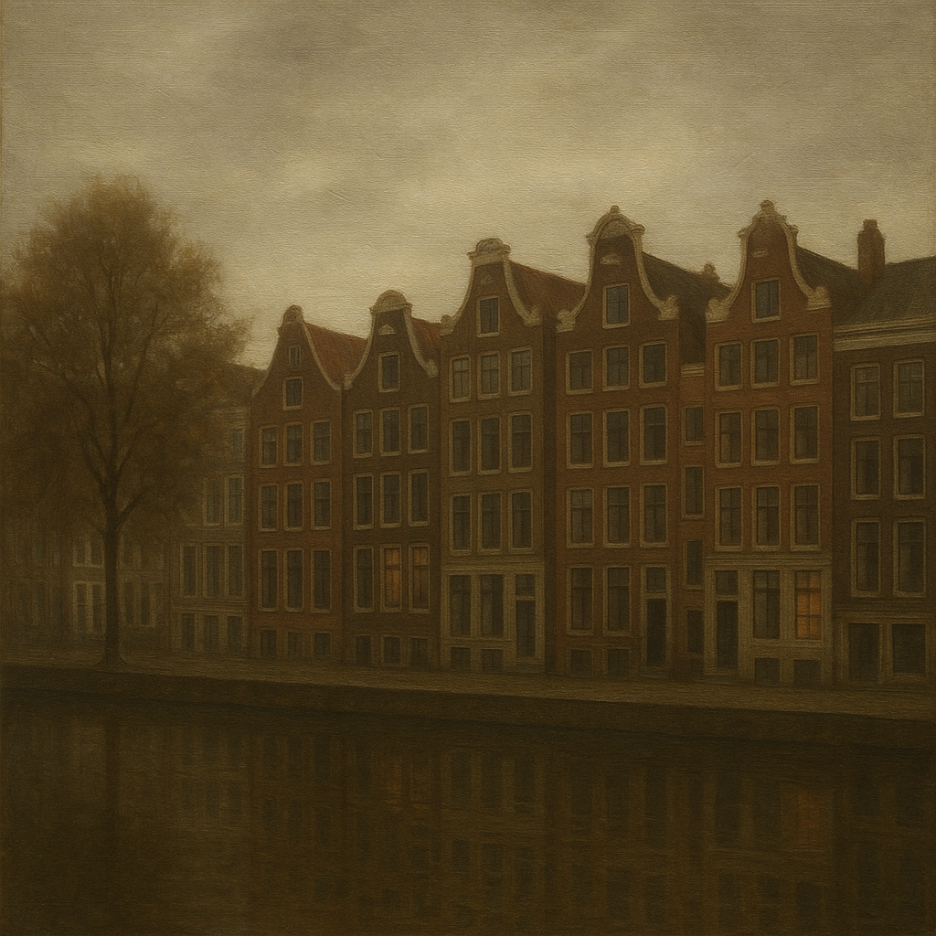 Amsterdam Canal Houses Under Overcast Sky No. 21 Oil Painting - View 1