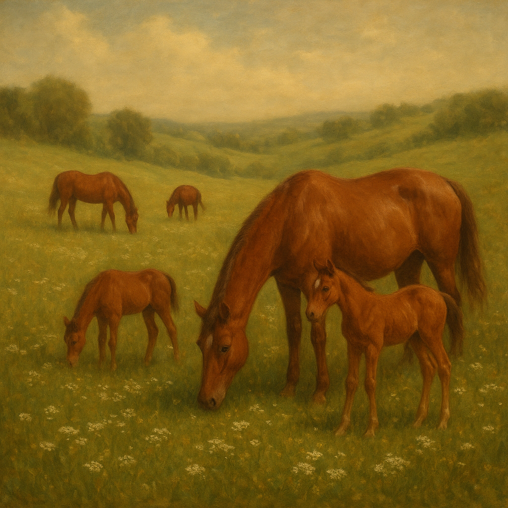 Mares & Foals Grazing in Rolling Meadow No. 10 Oil Painting - View 1