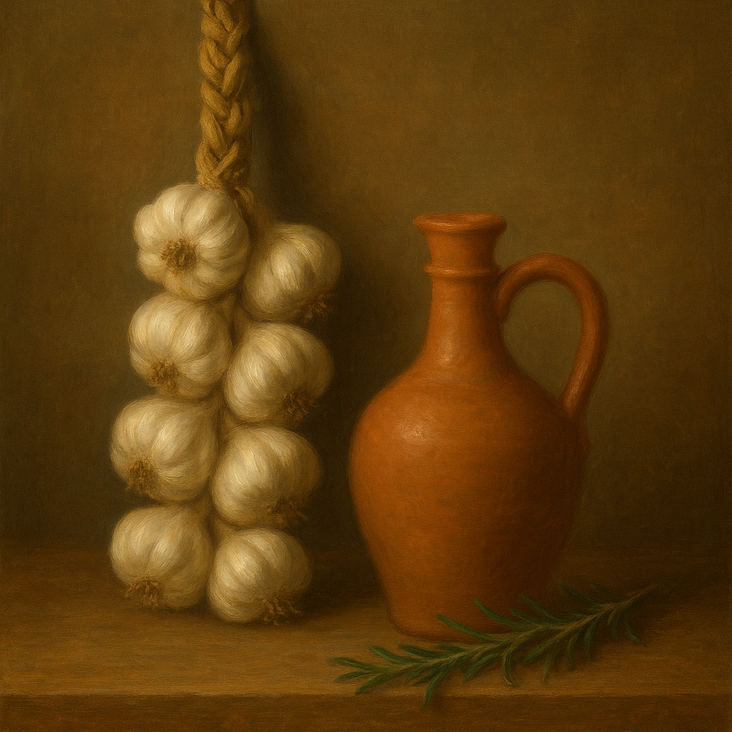 Tuscan Garlic Braid & Terracotta Cruet No. 5 Oil Painting - View 1