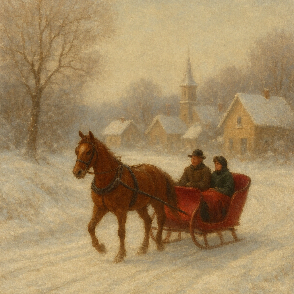 Horse-Drawn Sleigh on Village Snow Road No. 4 Oil Painting - View 1