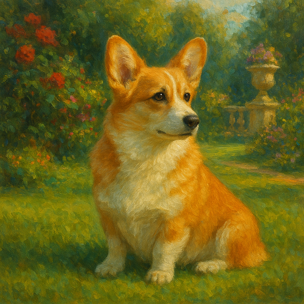Pembroke Welsh Corgi in Royal English Garden No. 12 Fine Art Oil Painting - View 1