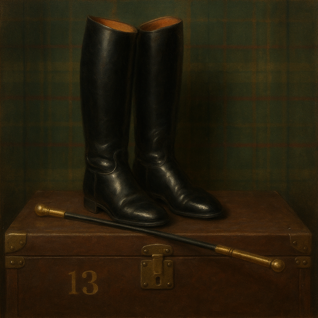 Vintage Riding Boots & Brass Crop on Trunk No. 13 Oil Painting 100% Hand Painted Oil on Belgian Linen Canvas, Original Fine Art Wall Decor