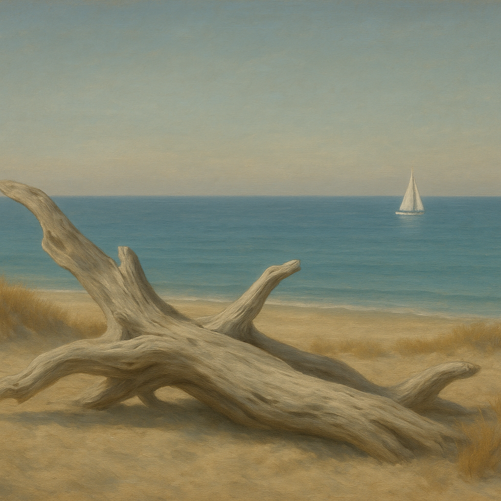 Sun-Bleached Driftwood & Distant Sailboat No. 11 Oil Painting - View 1