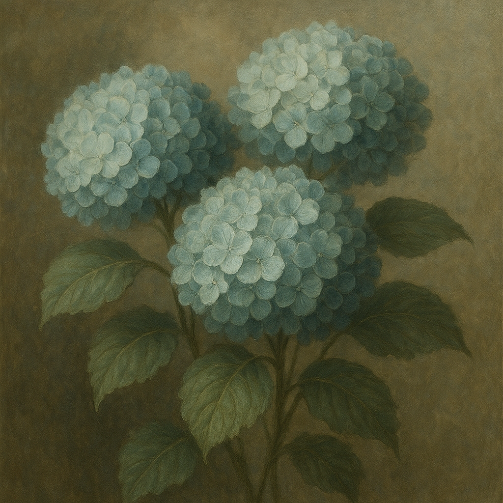 Hydrangea Trio in Dusty Blue & Antiqued Sage No. 11 Fine Art Oil Painting - View 1
