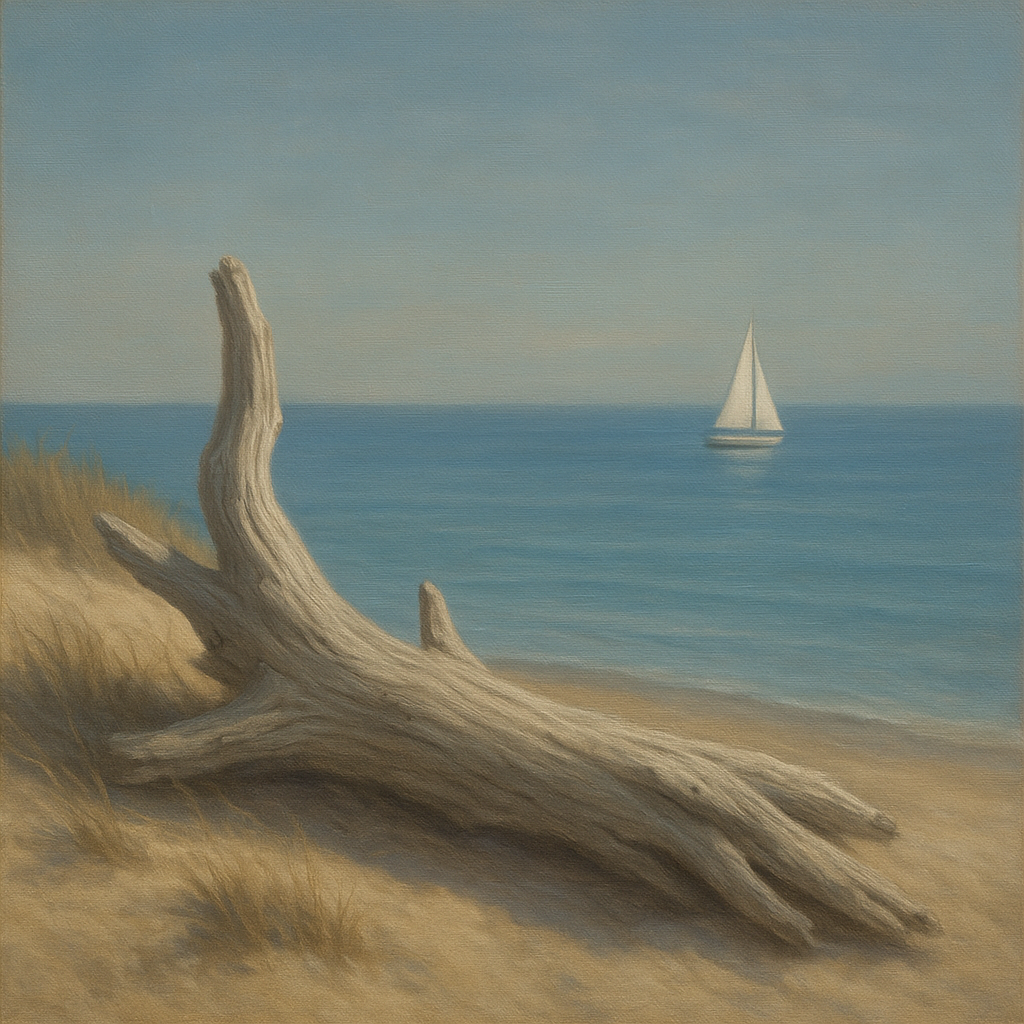 Sun-Bleached Driftwood & Distant Sailboat No. 8 Oil Painting - View 1