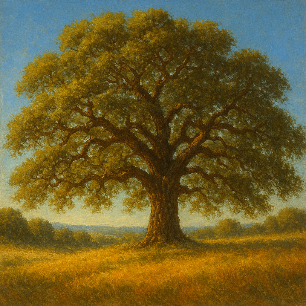Old Oak Tree on Sunlit Meadow Ridge No. 4 Fine Art Oil Painting - View 1