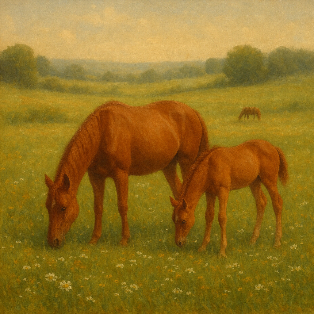 Mares & Foals Grazing in Rolling Meadow No. 7 Oil Painting - View 1