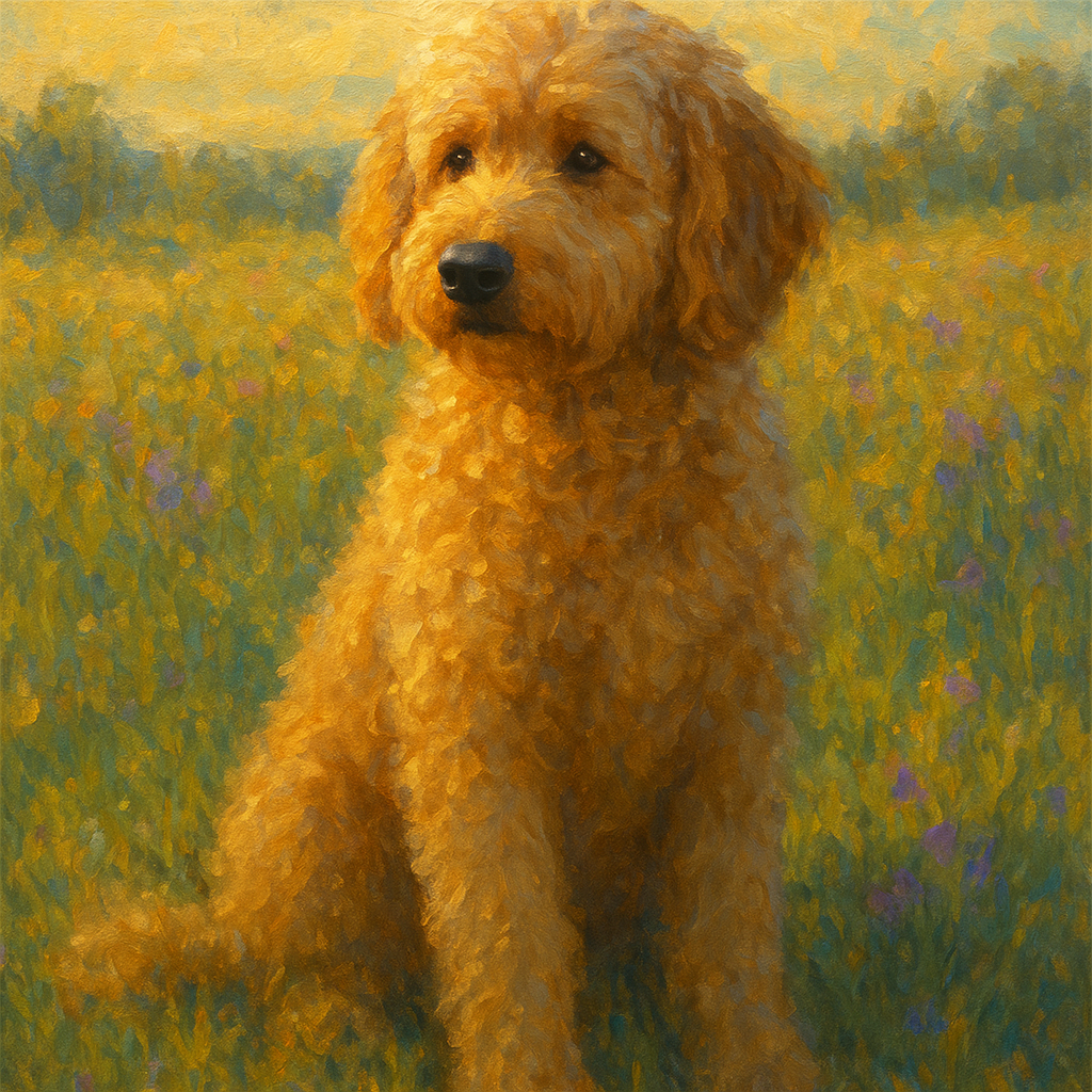 Fluffy Goldendoodle in Sun-Drenched Meadow No. 10 Fine Art Oil Painting - View 1