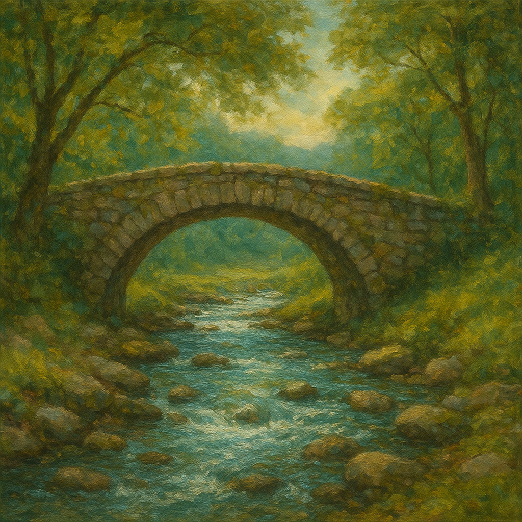 Old Stone Bridge over Bubbling Country Stream No. 10 Fine Art Oil Painting - View 1