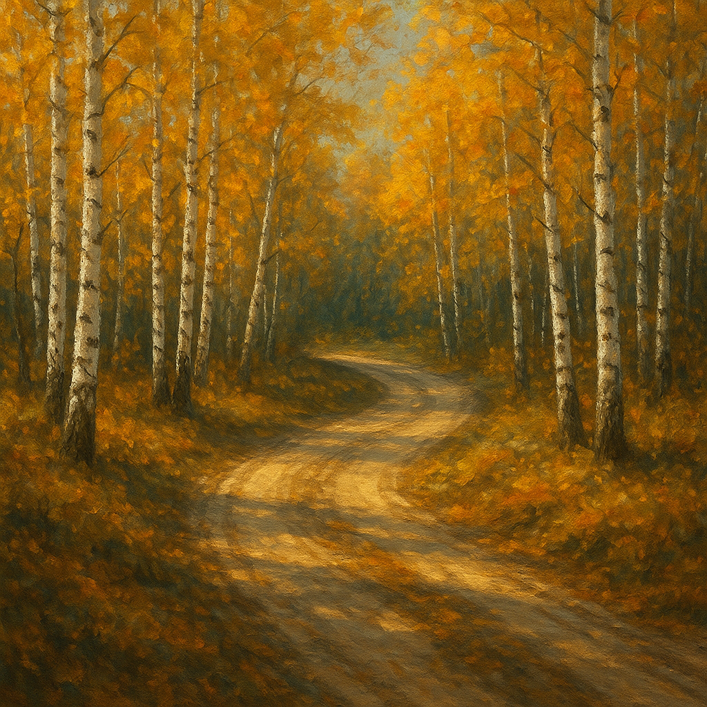 Winding Country Dirt Road through Birch Glade No. 9 Fine Art Oil Painting - View 1