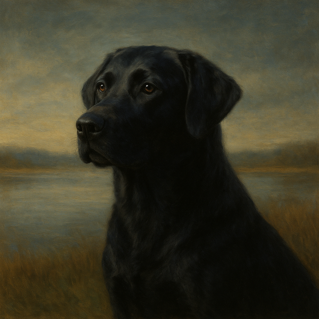 Black Labrador Retriever by Misty Lake Horizon No. 7 Fine Art Oil Painting - View 1