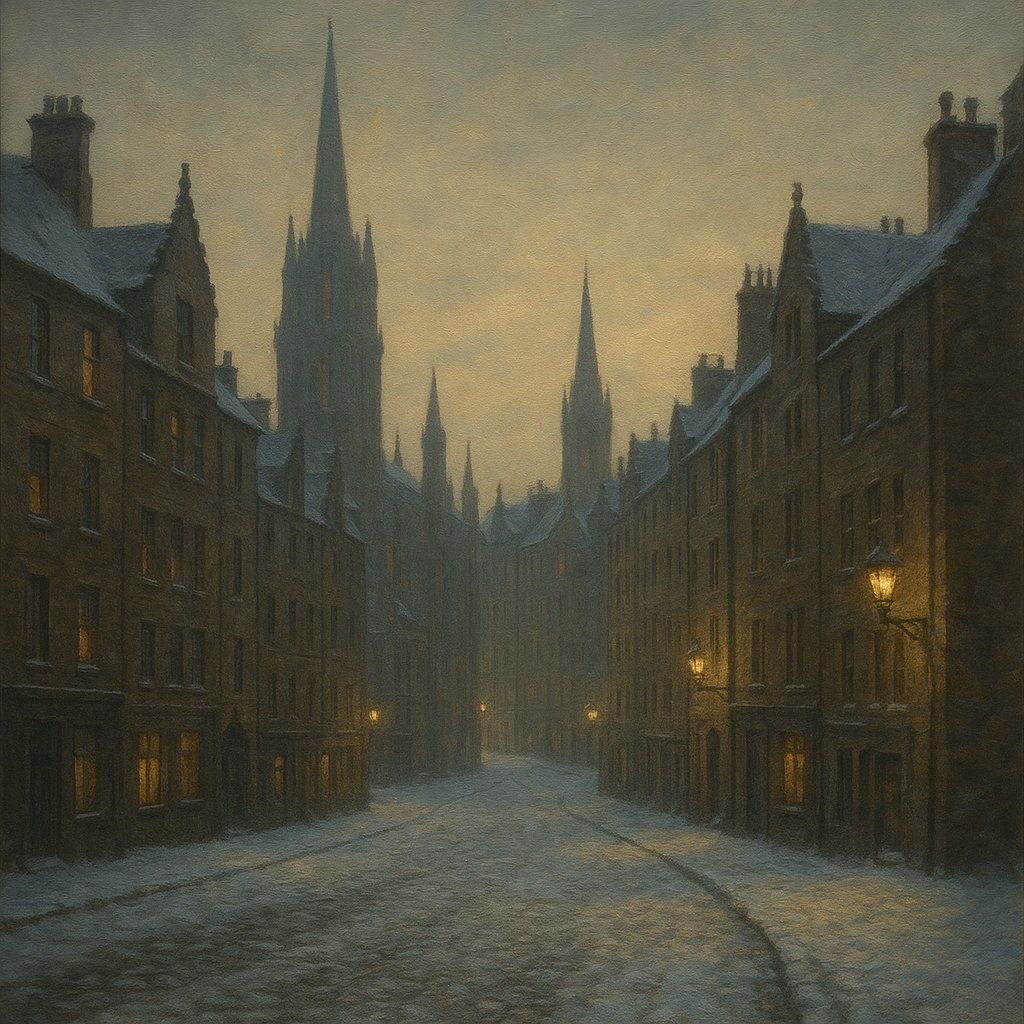 Edinburgh Old Town Royal Mile in Snow No. 20 Oil Painting - View 1