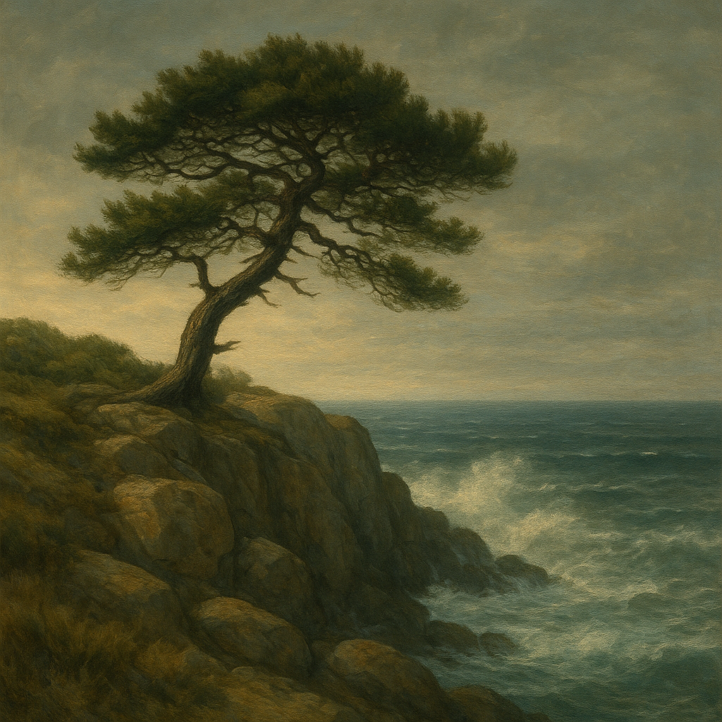 Wild Coastal Pine on Stormy Granite Cliff No. 4 Oil Painting - View 1