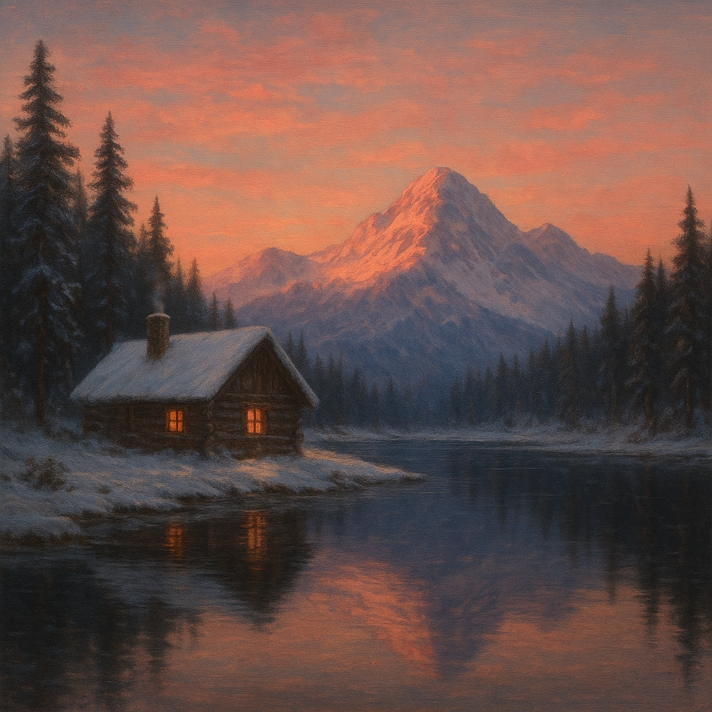 Winter Solstice Mountain Cabin Reflection No. 2 Oil Painting - View 1