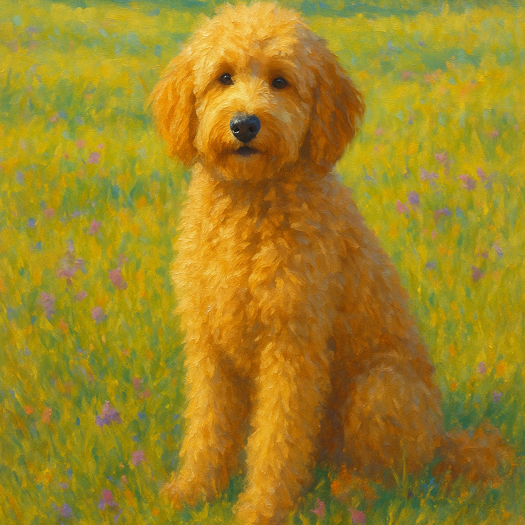 Fluffy Goldendoodle in Sun-Drenched Meadow No. 12 Fine Art Oil Painting - View 1