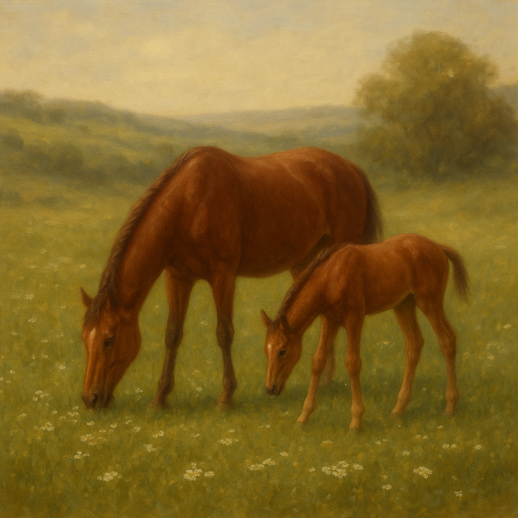Mares & Foals Grazing in Rolling Meadow No. 14 Oil Painting - View 1