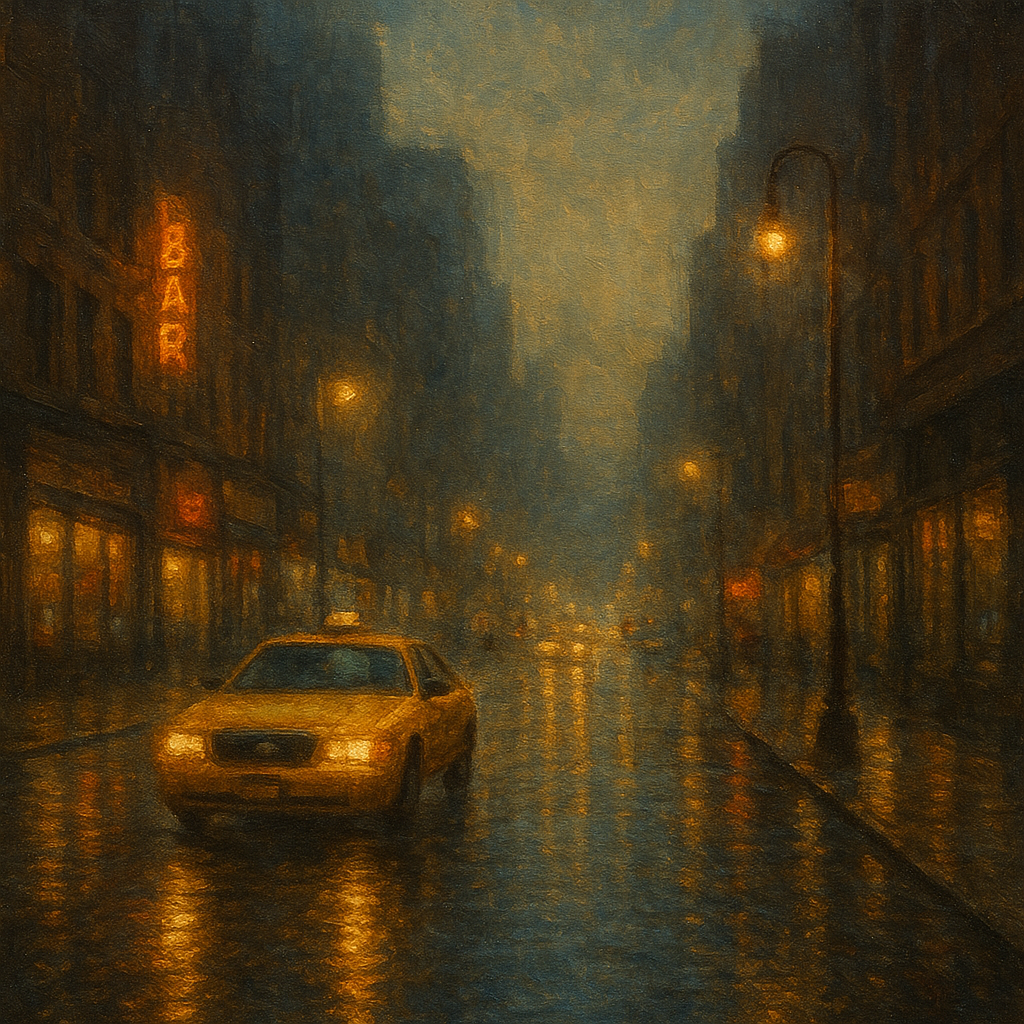 Rain-Drenched Manhattan Avenue Lights No. 17 Oil Painting - View 1
