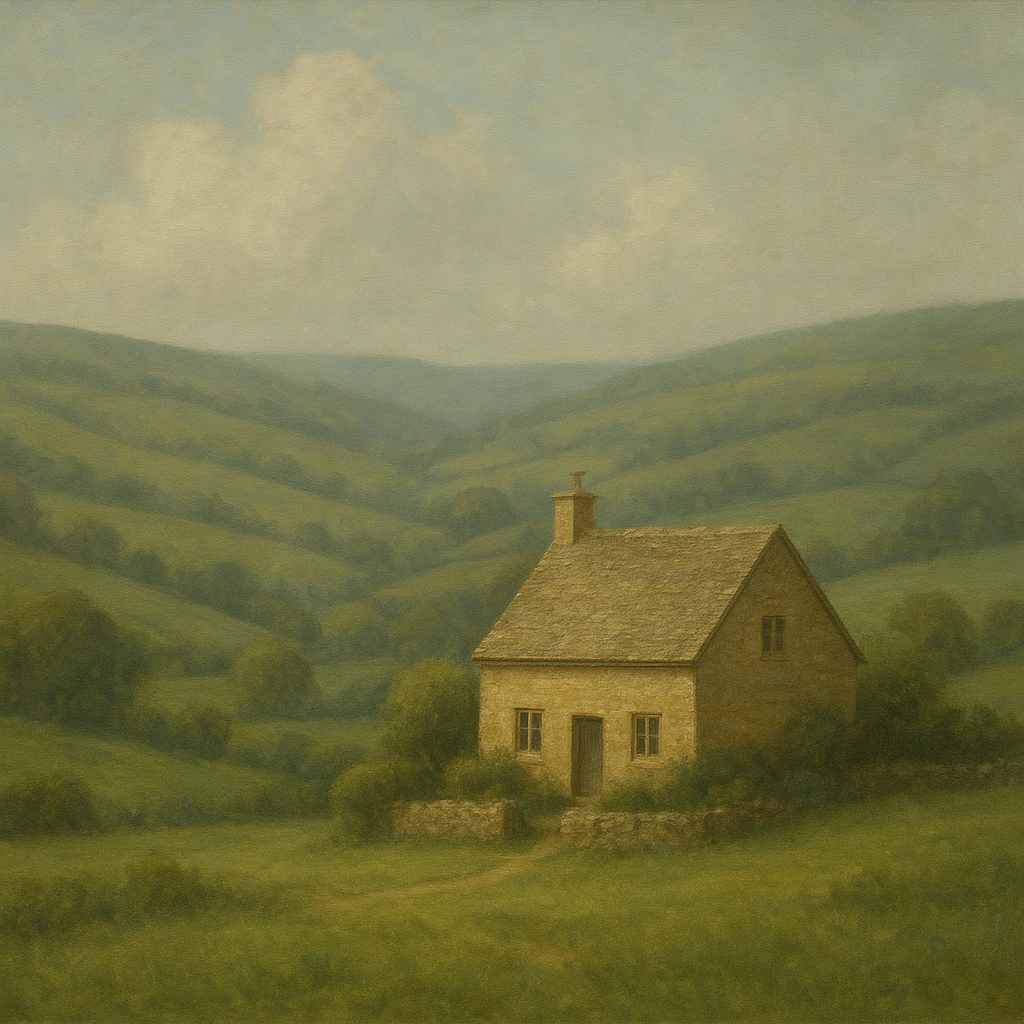 Rolling Cotswold Hills & Stone Cottage No. 9 Oil Painting - View 1