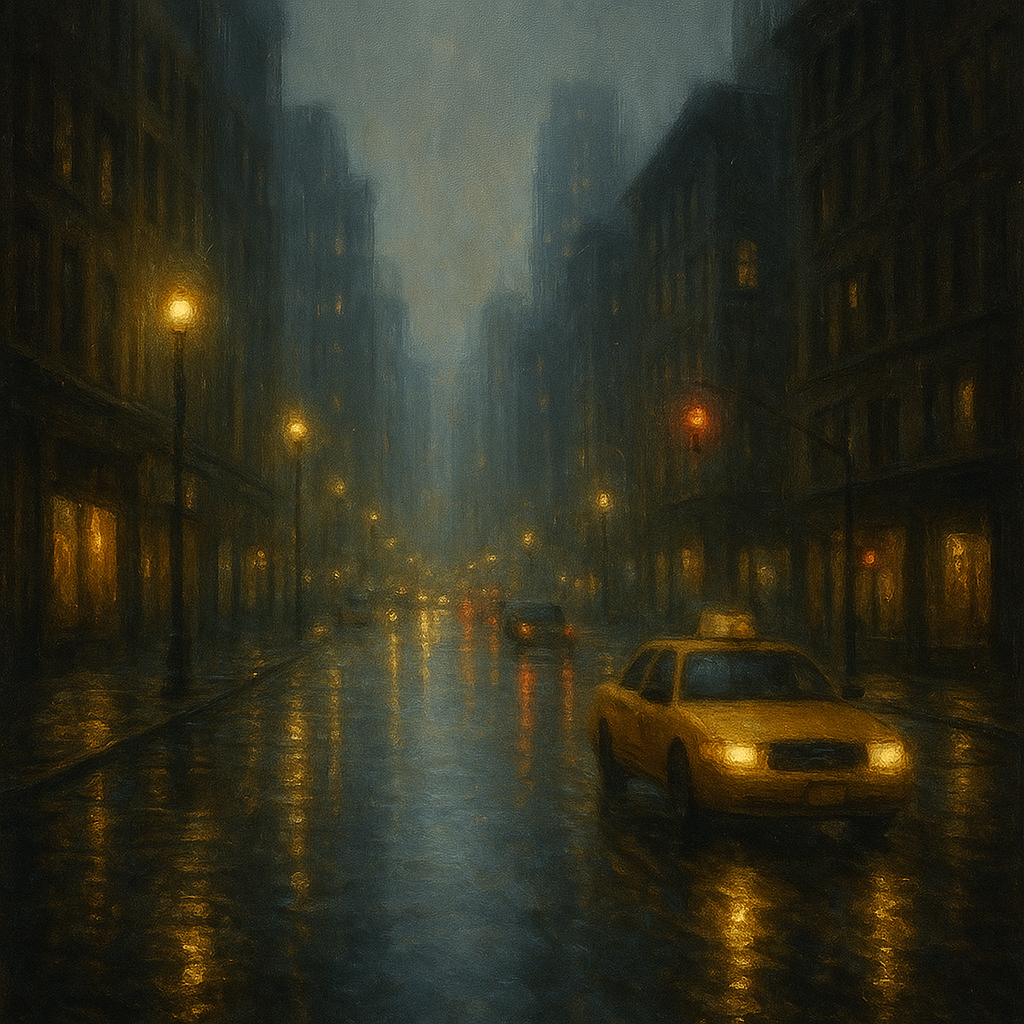Rain-Drenched Manhattan Avenue Lights No. 21 Oil Painting - View 1