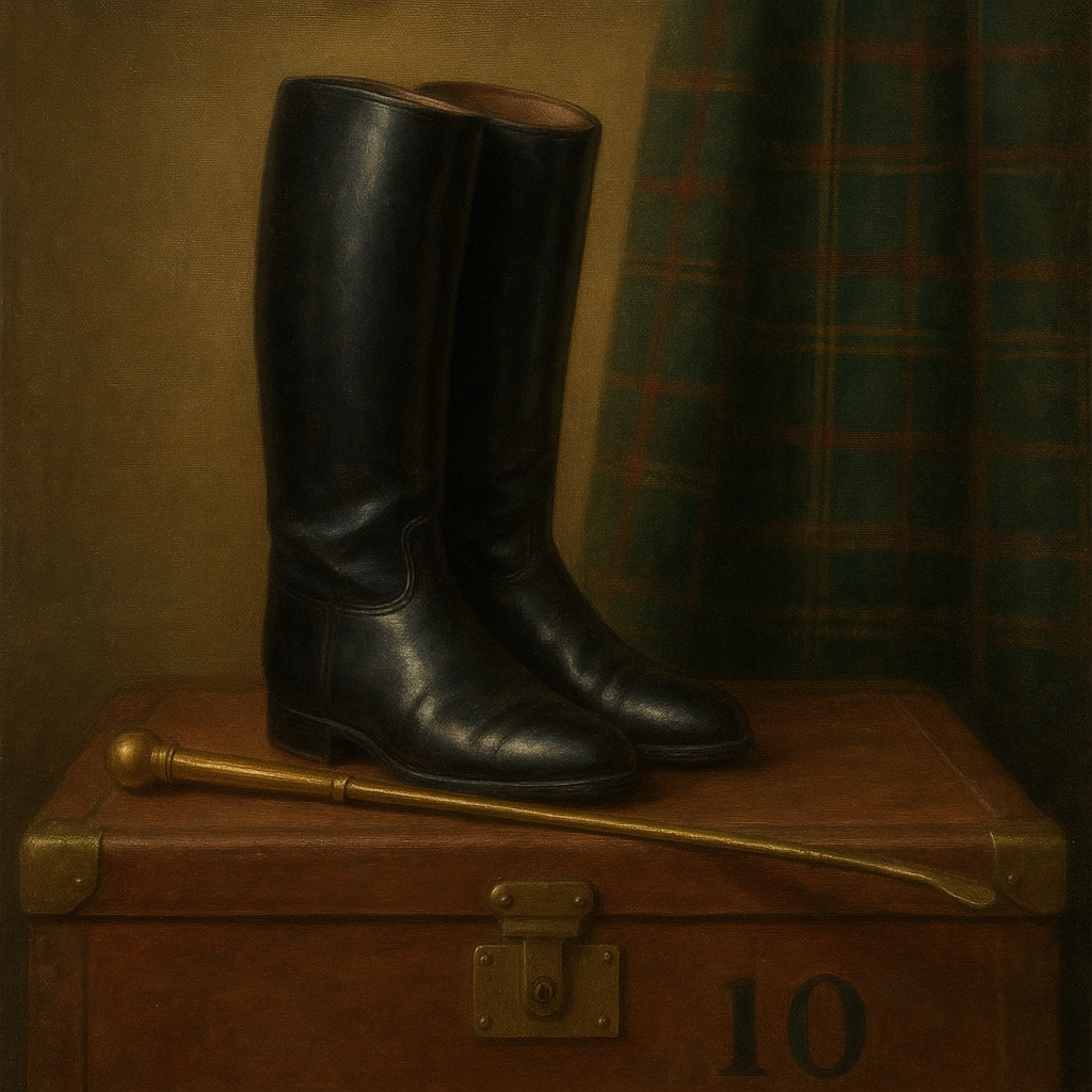 Vintage Riding Boots & Brass Crop on Trunk No. 10 Oil Painting - View 1