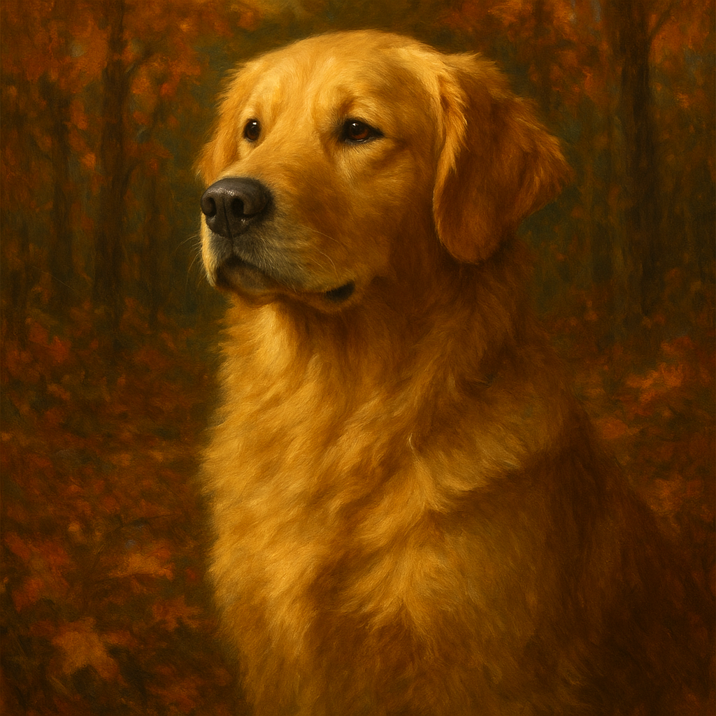 Noble Golden Retriever in Autumn Woods No. 9 Fine Art Oil Painting - View 1