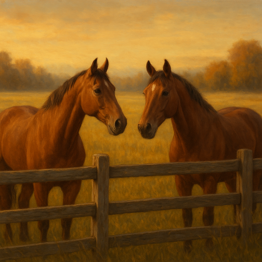 Two Horses at Rustic Post & Rail Fence No. 12 Oil Painting 100% Hand Painted Oil on Belgian Linen Canvas, Original Fine Art Wall Decor