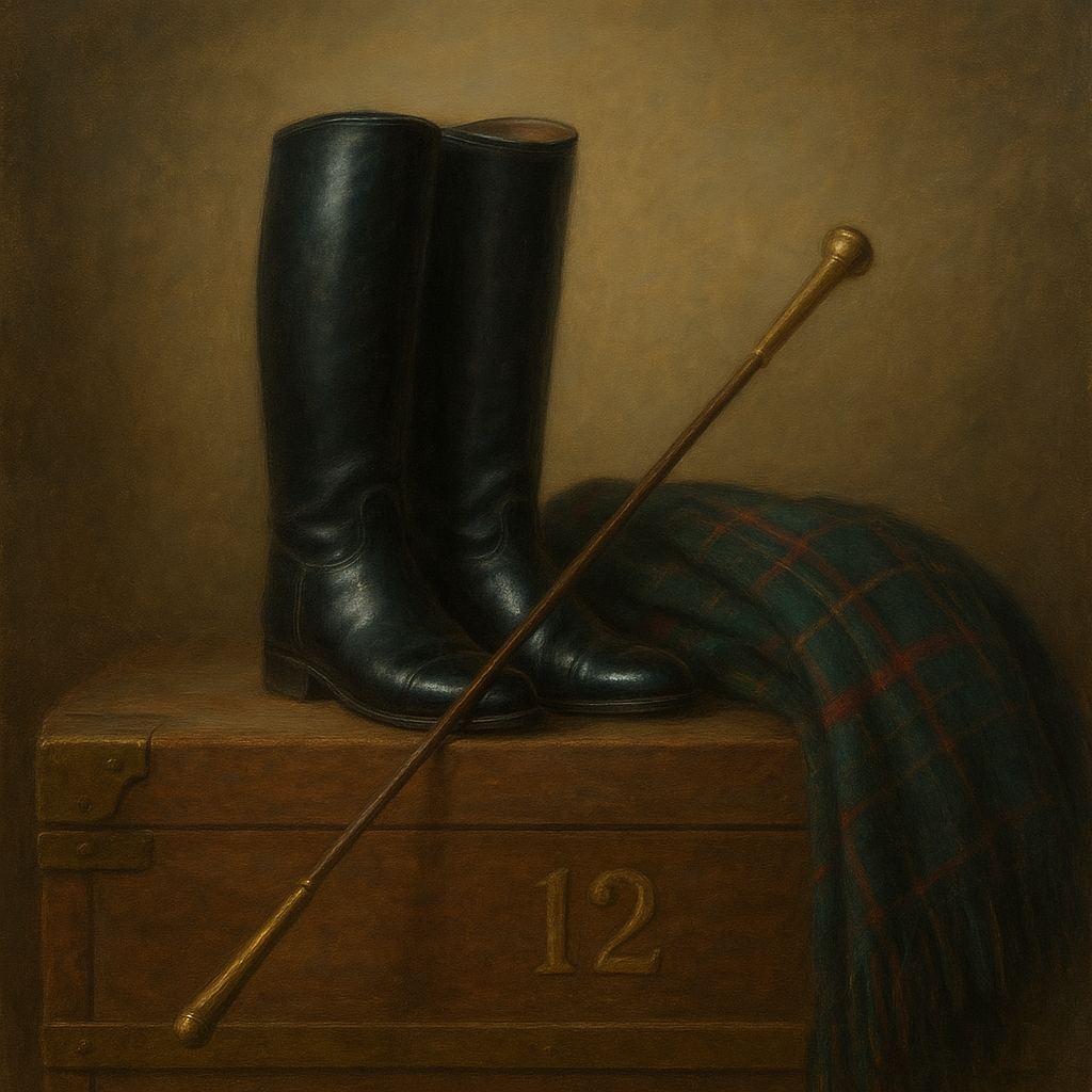Vintage Riding Boots & Brass Crop on Trunk No. 12 Oil Painting 100% Hand Painted Oil on Belgian Linen Canvas, Original Fine Art Wall Decor