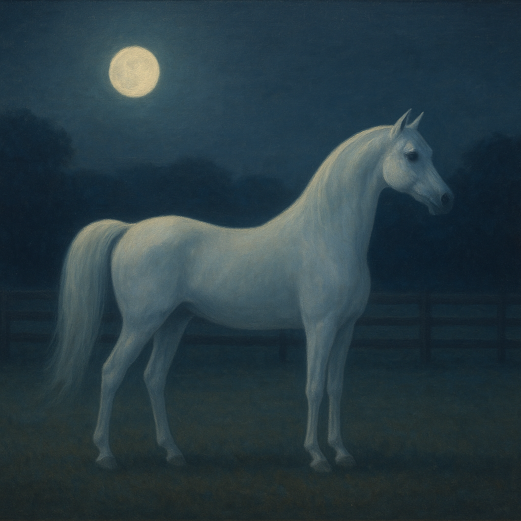 Moonlit Paddock with White Arabian Silhouette No. 15 Oil Painting 100% Hand Painted Oil on Belgian Linen Canvas, Original Fine Art Wall Decor