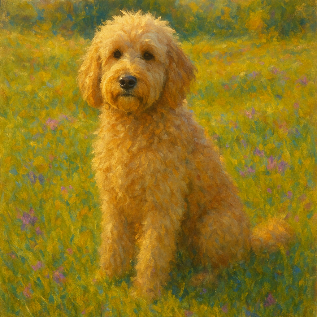 Fluffy Goldendoodle in Sun-Drenched Meadow No. 5 Fine Art Oil Painting - View 1
