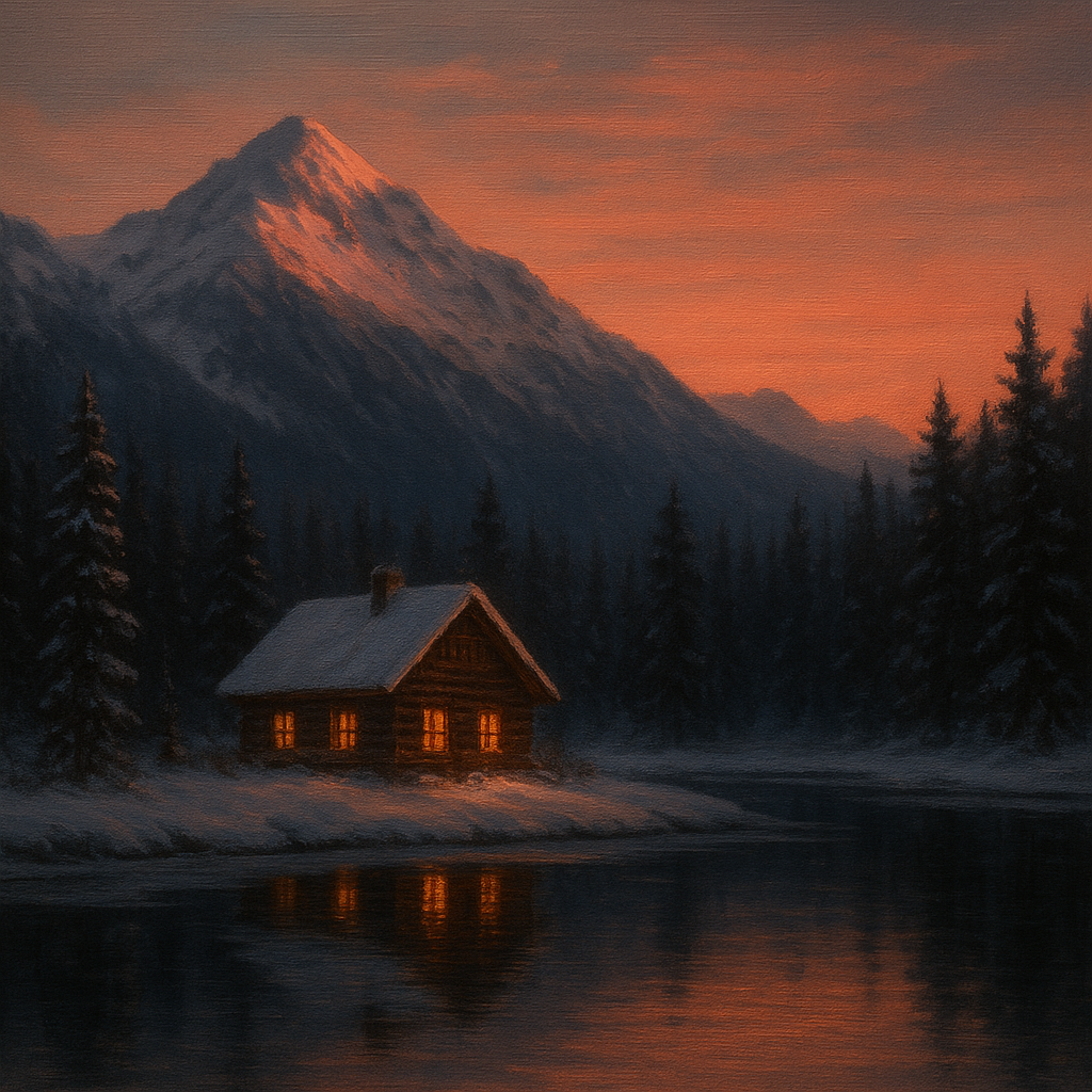 Winter Solstice Mountain Cabin Reflection No. 8 Oil Painting - View 1