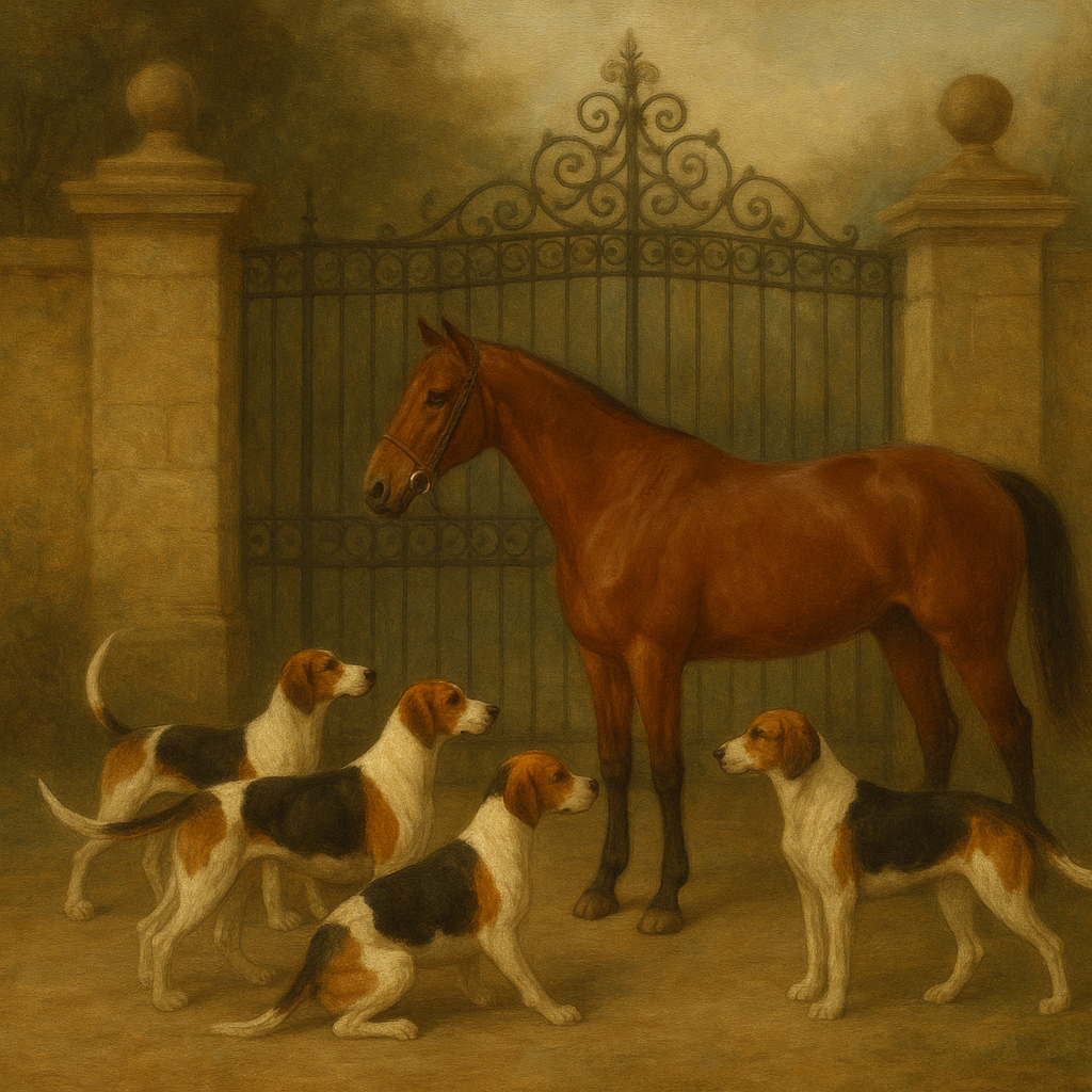 Hunting Hounds & Thoroughbred by Estate Gate No. 19 Oil Painting 100% Hand Painted Oil on Belgian Linen Canvas, Original Fine Art Wall Decor
