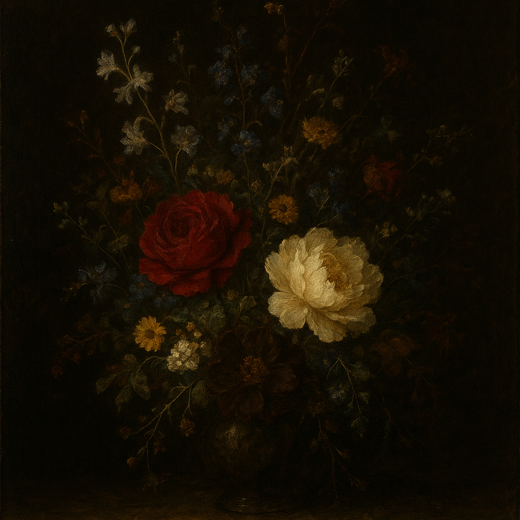 Moody Dutch Master Dark Floral Still Life Fine Art Oil Painting - View 1
