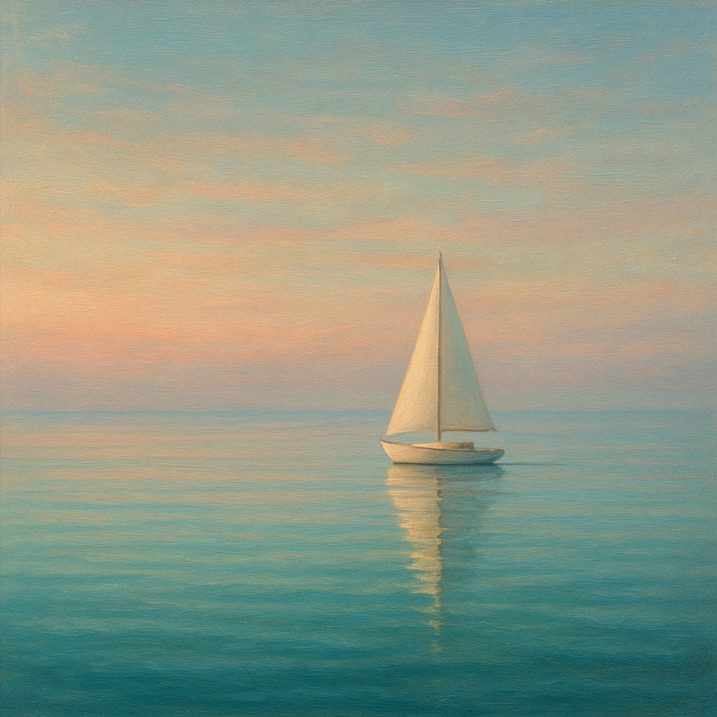 Solitary Sailboat on Vast Glass Horizon No. 3 Fine Art Oil Painting - View 1