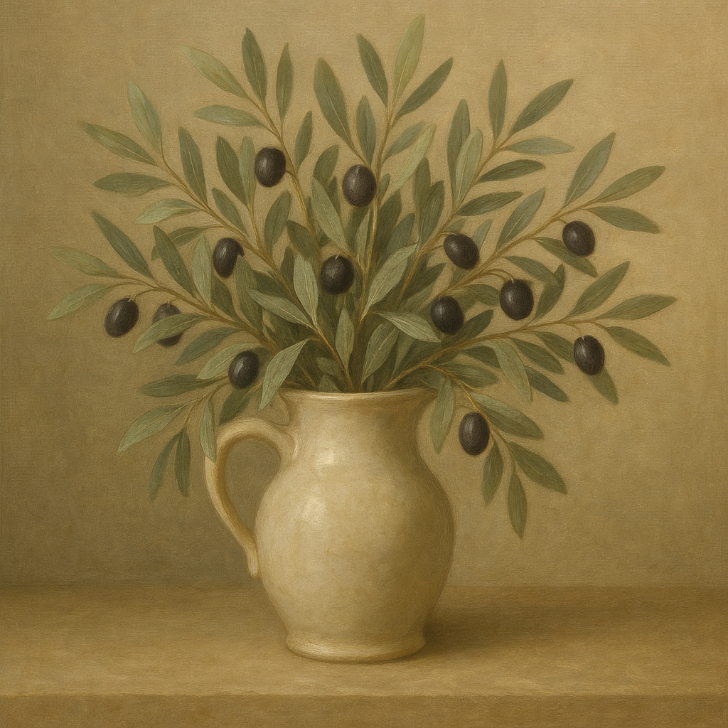 Wild Olive Sprigs in Stoneware Pitcher No. 4 Oil Painting 100% Hand Painted Oil on Belgian Linen Canvas, Original Fine Art Wall Decor