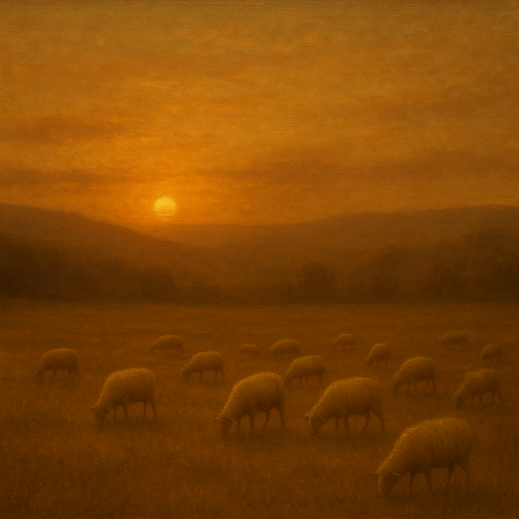 Sunset Grazing Flock in Golden Valley No. 6 Oil Painting - View 1