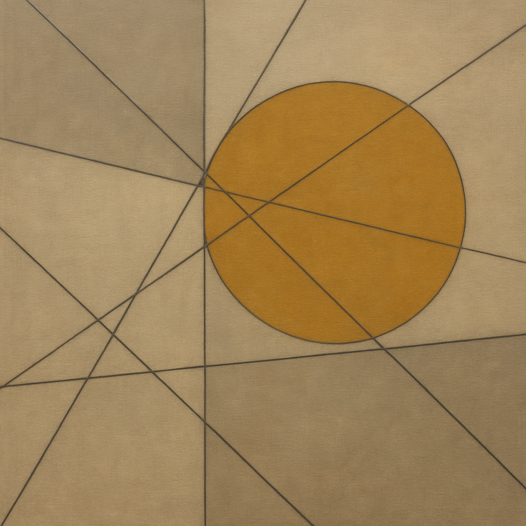 Abstract Tangent Lines & Earthy Ochre Disc No. 3 Oil Painting - View 1
