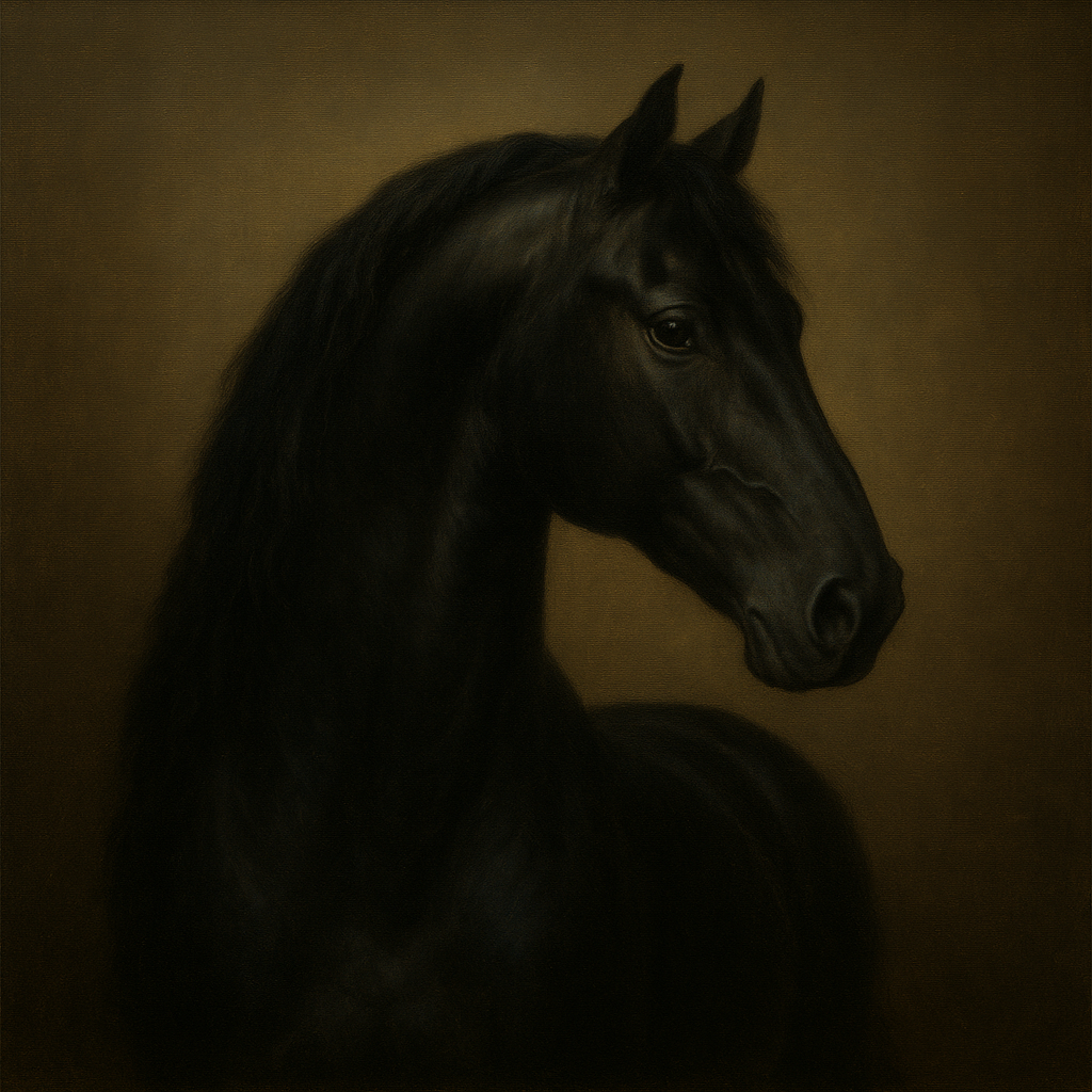 Dark Stallion Portrait in Classical Sfumato No. 18 Oil Painting 100% Hand Painted Oil on Belgian Linen Canvas, Original Fine Art Wall Decor