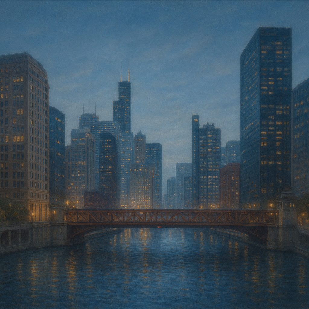 Chicago Riverfront Architecture at Blue Hour No. 5 Oil Painting - View 1