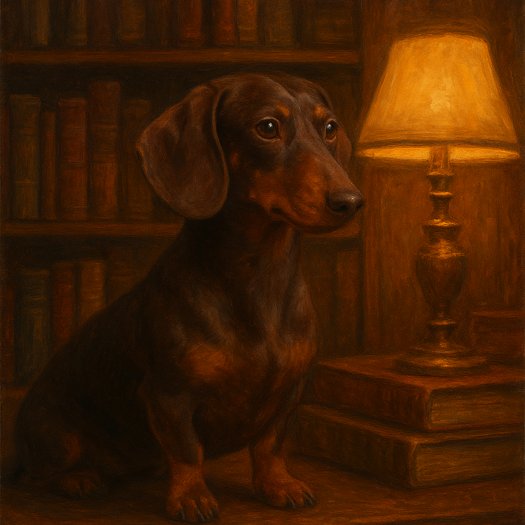 Smooth Dachshund in Moody Library Study No. 12 Fine Art Oil Painting - View 1