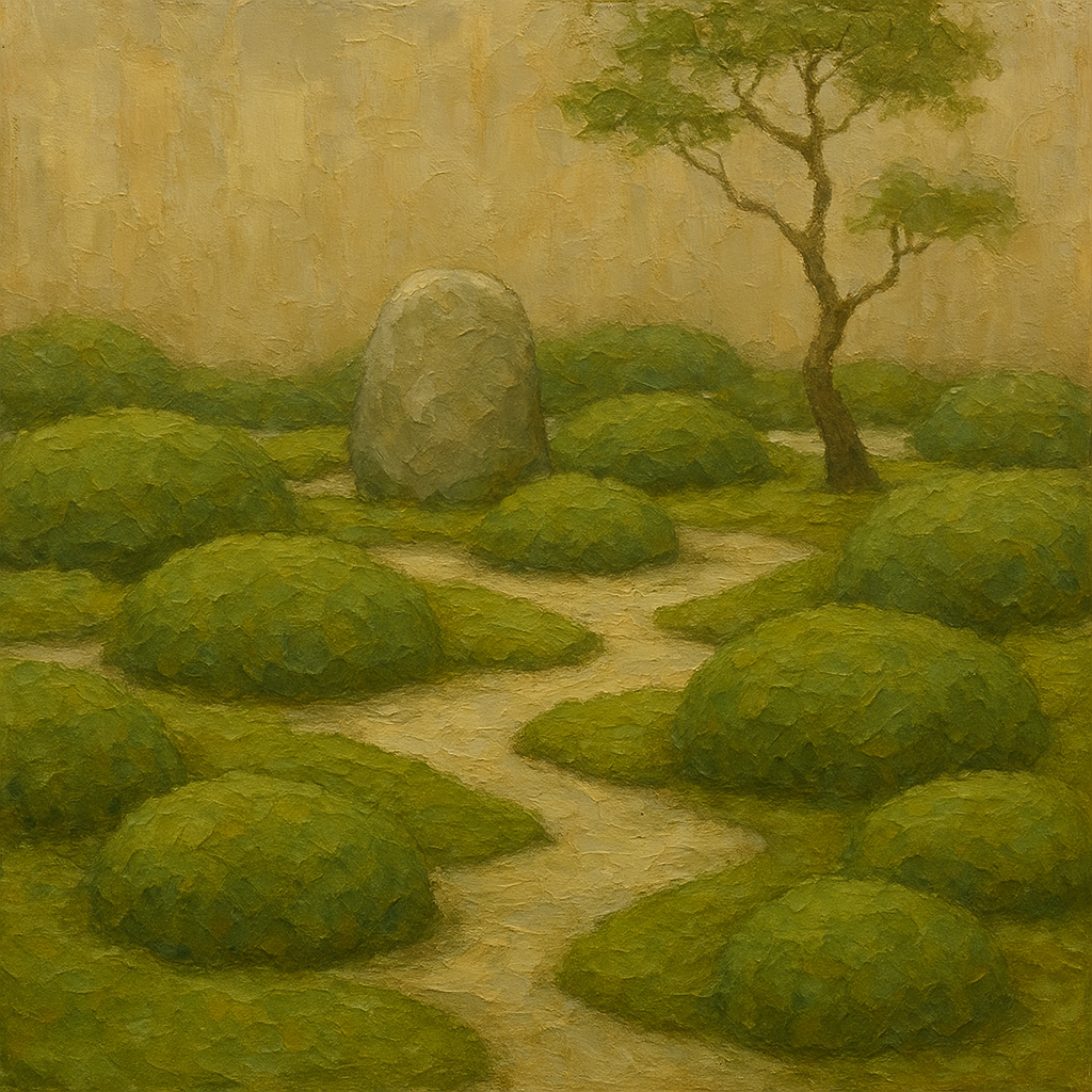 Kyoto Moss Garden Minimalist Oil Painting - View 1